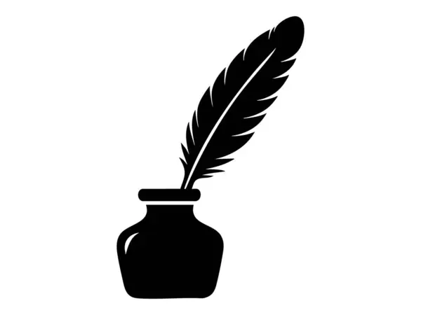 Beyaz arka planda mürekkep kabında tüy kaleminin siyah silüeti, grafik çizimi. Yazma aracı, edebiyat, hat, simge, logo, tasarım ögesi kavramı.