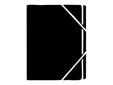 Beyaz arka planda izole edilmiş elastik bantlı bir belge klasörünün siyah silüeti, grafik çizimi. Dosya depolama kavramı, evrak düzenleyici, ofis malzemeleri, tasarım ögesi.