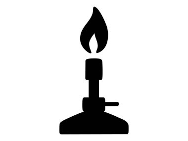 Beyaz arkaplanda izole edilmiş bir bunsen yakıcısının siyah silüeti, grafik çizimi. Bilim konsepti, laboratuvar ekipmanları, kimya, simge, logo, tasarım elementi.