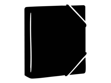 Beyaz arka planda izole edilmiş elastik bantlı siyah dosya silueti, grafik illüstrasyon. Ofis dosya düzenleyicisi, evrak deposu, okul malzemeleri kavramı.