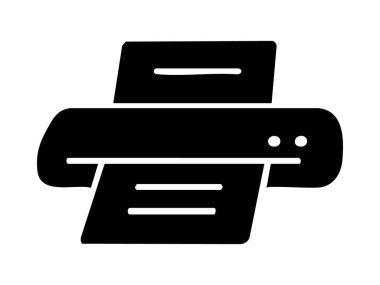 Kağıt kaplı siyah yazıcı silueti, beyaz arkaplanda izole edilmiş, grafik çizimi. Ofis ekipmanı konsepti, baskı, teknoloji, simge, logo, tasarım ögesi.