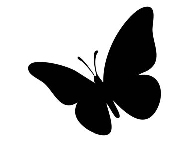 Açık kanatlı siyah kelebek silueti, beyaz arka planda izole edilmiş, grafik illüstrasyon. Böcek konsepti, doğa, vahşi yaşam, ikon, logo, tasarım elementi.