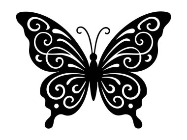 Beyaz arka planda izole edilmiş, dönen desenli, karmaşık bir şekilde tasarlanmış siyah bir kelebek silueti. Doğa, güzellik, başkalaşım, böcek zerafeti, dekoratif sanat konsepti.