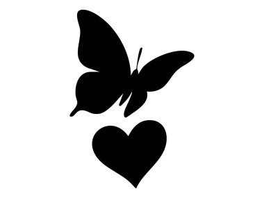 Kalp motifli siyah kelebek silueti, beyaz arka planda izole edilmiş, benzersiz grafik tasarımı. Aşk konsepti, doğa, güzellik, ikon, logo, dekor, sanatsal element.