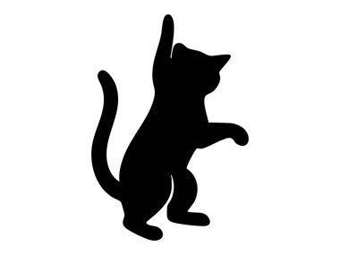 Arka ayakları üzerinde duran siyah kedi silueti, kaldırılmış pençeli, beyaz arka planda izole edilmiş, grafik çizimi. Oyuncu kedi yavrusu kavramı, evcil hayvan, evcil hayvan ikonu, tasarım elementi.