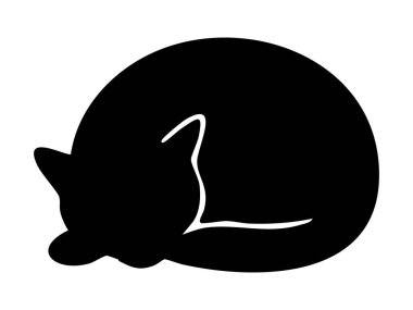 Siyah, uyuyan kedi silueti top şeklinde kıvrılmış, beyaz arka planda izole edilmiş, grafik çizimi. Evcil hayvan kavramı, evcil hayvan, huzurlu dinlenme, ikon, logo, tasarım unsuru.