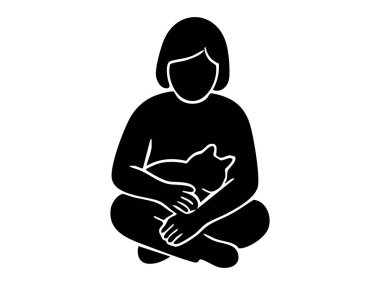 Siyah bir siluet, bağdaş kurmuş bir kedi tutuyor, beyaz arka planda izole edilmiş, grafik çizimi. evcil hayvan konsepti, insan hayvan bağı, aşk, tasarım unsuru.