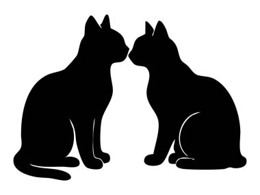 İki kedinin yüz yüze oturan siyah silueti, beyaz arka planda izole edilmiş. evcil hayvan konsepti, sevimli kedi yavrusu, kedi etkileşimi, evcil hayvan, simge, logo, tasarım ögesi.