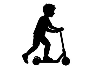 Scooter 'daki siyah çocuk silueti, beyaz arka planda izole edilmiş, grafik çizimi. çocukluk konsepti, oyun zamanı, aktif yaşam tarzı, çocuk, oyuncak, spor simgesi, tasarım ögesi.