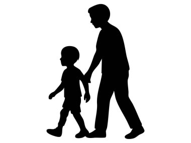 Siyah siluet, beyaz arka planda izole edilmiş yetişkin ve çocuk yürüyüşü. Ebeveyn kavramı, çocuk ilişkisi, aile bağı, ebeveynlik, birliktelik, arkadaşlık, tasarım unsuru.