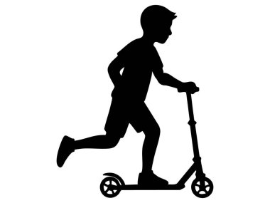 Motosiklet süren siyah bir çocuğun silüeti, beyaz arka planda izole edilmiş, grafik çizimi. Oyun konsepti, çocukluk, aktif yaşam tarzı, açık hava aktivitesi, logo, tasarım unsuru.