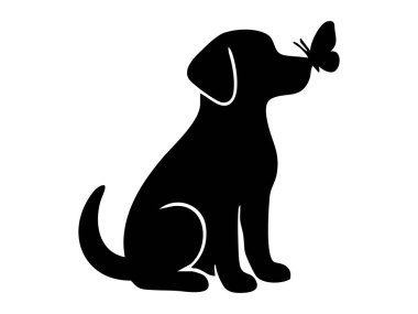 Kelebek burunlu siyah köpek silueti, beyaz arka planda izole edilmiş. evcil hayvan konsepti, sevimli köpek yavrusu, evcil hayvan, doğa illüstrasyonu, logo, tasarım unsuru.