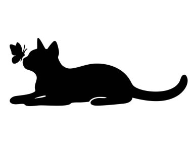 Kelebekli siyah kedi silueti, beyaz arka planda izole edilmiş, grafik illüstrasyon. evcil hayvan, sevimli kedi yavrusu, evcil hayvan, doğa ikonu, logo, tasarım elementi.