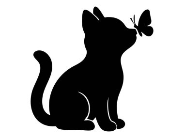 Kelebekli siyah kedi silueti, beyaz arka planda izole edilmiş, grafik illüstrasyon. evcil hayvan, sevimli kedi yavrusu, evcil hayvan, doğa ikonu, logo, tasarım elementi.