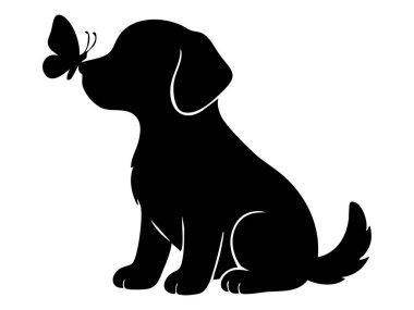 Köpeğin burnu üzerinde kelebek olan siyah silueti, beyaz arka planda izole edilmiş, grafik çizimi. evcil hayvan, köpek, doğa etkileşimi, logo, tasarım ögesi konsepti.