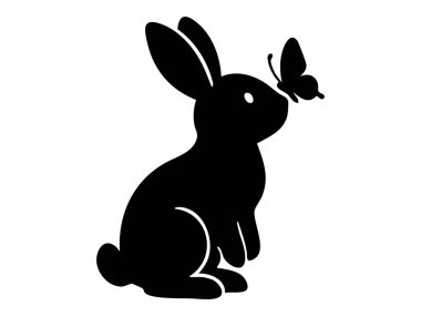 Beyaz arka planda izole edilmiş, burnunda kelebek olan oturan tavşanın siyah silueti. Hayvan ikonu, doğa, sevimli tavşan, vahşi yaşam, dekoratif tasarım unsuru.
