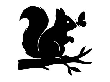 Dal üzerinde kelebek olan siyah sincap silueti, beyaz arka planda izole edilmiş, grafik çizimi. Orman hayvanı konsepti, doğa simgesi, vahşi yaşam sanatı, logo, tasarım unsuru.