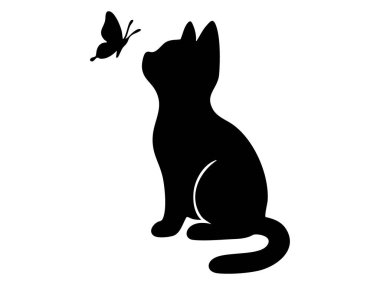 Kelebekli siyah kedi silueti, beyaz arka planda izole edilmiş, grafik illüstrasyon. evcil hayvan, sevimli kedi yavrusu, evcil hayvan, doğa ikonu, logo, tasarım elementi.