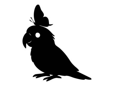 Kafasında kelebek olan siyah bir papağan silueti beyaz arka planda izole edilmiş. Kuş konsepti, tropikal hayvan, sevimli hayvan, doğa ikonu, egzotik yaban hayatı, tasarım elementi.