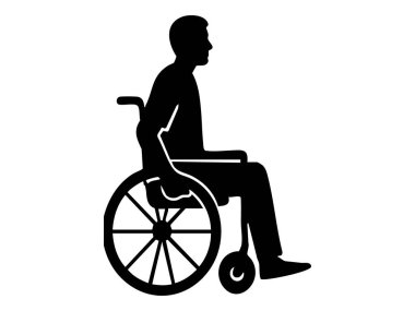 Tekerlekli sandalyedeki engelli siyah silueti, beyaz arka planda izole edilmiş. Hareket edebilirlik yardımı, erişilebilirlik, kapsayıcı destek, sağlık simgesi, güçlendirme.