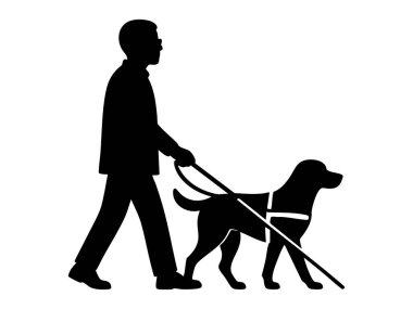 Beyaz arka planda izole edilmiş rehber köpekle yürüyen kör bir adamın siyah silueti. Özürlülük, hizmet hayvanı, görme bozukluğu, erişilebilirlik, bağımsızlık kavramı.