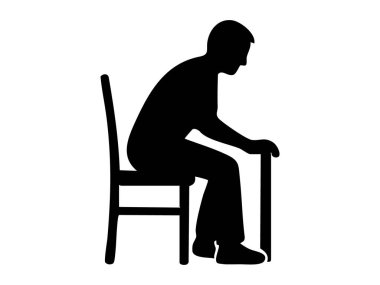 Bastonlu bir kişinin silueti, beyaz arka planda siyah bir siluet. Erişilebilirlik, taşınabilirlik yardımı, maluliyet bilinci, destek, yaşlılar bakımı, tasarım unsuru.