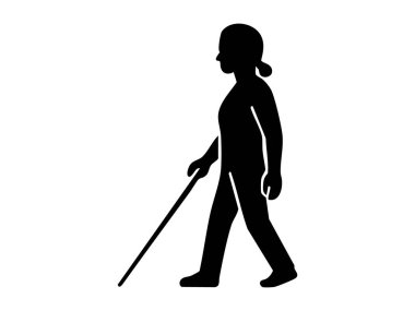 Beyaz bastonlu kör kadın silueti, beyaz arka planda izole edilmiş, grafik çizimi. Görsel bozukluk kavramı, maluliyet farkındalığı, bağımsız hareketlilik, tasarım unsuru.