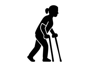 Koltuk değneği kullanan siyah siluet, beyaz arka planda izole edilmiş. Maluliyet, taşınabilirlik yardımı, bireysel güçlendirme, sağlık, ulaşılabilir tasarım, sosyal farkındalık kavramı.