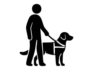 Beyaz arka planda izole edilmiş rehber köpeği olan kör birinin siyah silueti. Engelli desteği, hizmet hayvanı, yardım, erişim, kapsayıcı tasarım, bağımsızlık.