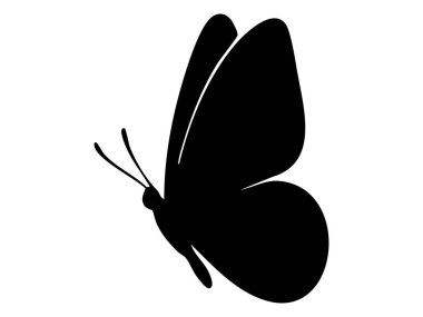 Açık kanatlı siyah kelebek silueti, beyaz arka planda izole edilmiş, grafik illüstrasyon. Böcek konsepti, doğa, güzellik, simge, logo, tasarım ögesi.