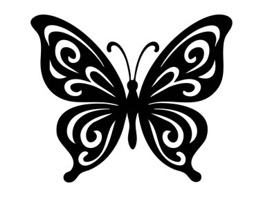 Beyaz arka planda izole edilmiş karmaşık desenleri olan siyah siluet kelebek, grafik illüstrasyon. Uçan böcek konsepti, doğa güzelliği, hassas kanatlar, ikon, tasarım ögesi.