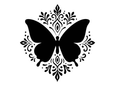 Beyaz arka planda izole edilmiş, süs tasarımı olan siyah kelebek silueti. Doğa konsepti, dekoratif böcek, çiçek deseni, ikon, dövme, tasarım elementi.