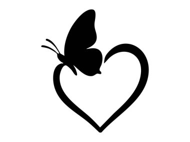 Siyah kelebek silueti kalp şeklinde, beyaz arka planda izole edilmiş, grafik çizimi. Doğa, aşk, romantizm, böcek, simge, logo, tasarım elementi kavramı.