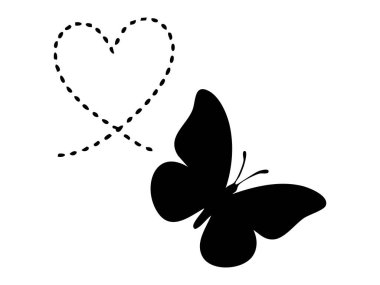 Beyaz arka planda siyah kelebek silueti ve noktalı kalp tasarımı. Özgürlük konsepti, doğa, zarafet, güzellik, sembol, simge, logo, dekoratif sanat öğesi.