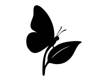 Siyah kelebek silueti yaprağın üzerine tünemiş, beyaz arka planda izole edilmiş. Doğa konsepti, böcek, kanatlı güzellik, bahçe, vahşi yaşam, tasarım elementi.