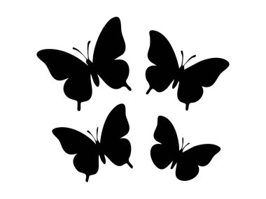 Beyaz arka planda dört adet siyah kelebek silueti. Doğa, böcekler, vahşi yaşam, ikon, tasarım unsuru, dekoratif sanat, dövme fikirleri, zarafet, simetri.