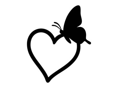 Kelebeğin siyah silüeti beyaz arka planda izole edilmiş kalp şeklinde. Aşk kavramı, doğa, romantik ikon, böcek tasarımı, grafik illüstrasyon.