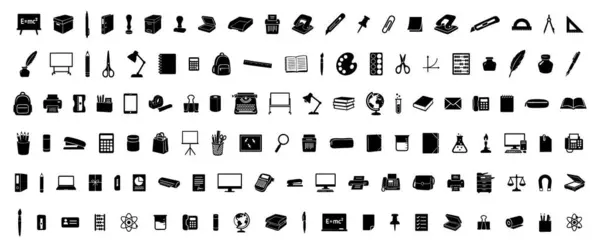 Beyaz arka planda izole edilmiş siyah okul ve ofis malzemeleri siluetleri, grafik çizimler. Eğitim araçları kavramı, kırtasiye, işyeri organizasyonu, klip sanatı, ofis ekipmanları.