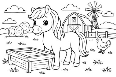 Çiftlik boyama sayfasında çocuklar için siyah çizgili ahır, saman, tavuk ve yel değirmeni olan şirin bir midilli. Çiftlik hayvanları konsepti, kırsal alan, çocuk aktivitesi, oyuncu sanat, yaratıcı eğlence.