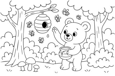 Orman sahnesinde arı kovanlı ve arılı ayı olan çocuklar için siyah özet boyama sayfası. Sevimli hayvan konsepti, doğa, çocuk aktivitesi, sanat, beyaz arka planda çizim.