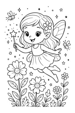 Çiçekler ve yıldızlarla çevrili çocuk boyama sayfası için siyah karakter çizgisi. Sihirli yaratık konsepti, çocuk aktivitesi, fantezi illüstrasyonu, siyah beyaz sanat.