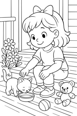 Beyaz arka planda izole edilmiş kedi yavrusu, oyuncak ayı ve çiçek taşıyan çocuklar için siyah ana hatlı boyama sayfası. Sevimli, neşeli, çocuk, sanat aktivitesi, eğlence konsepti.