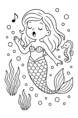 Beyaz arka planda izole edilmiş denizatı ve deniz bitkileriyle şarkı söyleyen denizkızının ana hatları. Su altı illüstrasyon konsepti, okyanus fantezisi, çocuk aktivitesi, sanat tasarımı.
