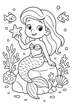 Deniz yıldızlı, balıklı siyah bir deniz kızı tasviri, çocuklar için boyama sayfası, deniz hayatı çizimi. Sualtı sahnesi konsepti, okyanus yaratığı, çocuk sanatı, su fantezisi..