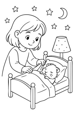 Beyaz arka planda izole edilmiş yatak boyama sayfasında uyuyan hamsterını içine sokan tatlı kız. Yatma zamanı, arkadaşlık, çocukluk bakımı, çocuk aktivitesi, hayvan resimleme, basılabilir.