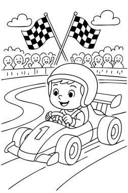Çocuklar için sürücü boyama sayfası olan siyah ana hatlı yarış arabası, çocuk aktivitesi konsepti, oyuncak arabalar, motor sporu, eğlenceli öğrenmek için izole edilmiş illüstrasyon.