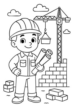 İnşaatçı çocuğun siyah çizgisi ve çocuklar için inşaat alanı boyama sayfası, grafik illüstrasyon. Çocuk aktivitesi, eğitim sanatı, yaratıcılık, oyuncu öğrenme kavramı.