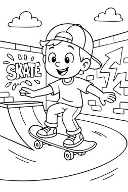 Paten parkında kaykay yapan mutlu bir çocuğun boyama sayfası. Arkasında grafiti duvarları ve bulutlar var. Eğlence konsepti, spor aktivitesi, çocukluk, yaratıcılık, sanat.