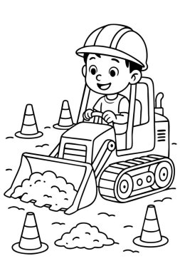 Çocuk boyama sayfası koni ve başlıklı bir inşaat aracı kullanıyor, siyah hatlar, çocuklar için eğlence etkinliği, eğitimli çocuklar için zanaat, sanat projesi, beyaz arka plan.