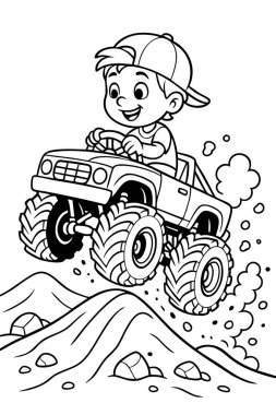 Çocuğun kayalık arazide canavar kamyon sürüşünün siyah çizgisi. Çocuklar için boyama sayfası. Eğlenceli macera konsepti, off-road heyecanı, eğlenceli aktivite, çocukların çizimi.